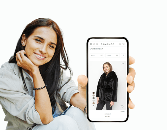 A shopper holding a phone with the Samange outerwear catalogue open on a fur coat, showing the colour options, size selector and price.